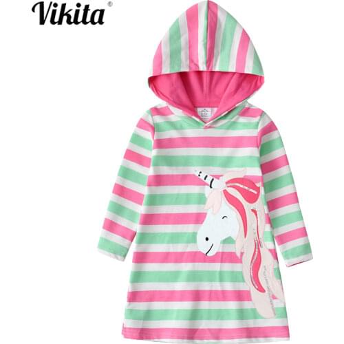 VIKITA Hoodies Dress for Girls Autumn Winter Long Sleeve Hoodies Cotton Dresses Toddlers Striped Vestidos Kids Unicorn Clothing