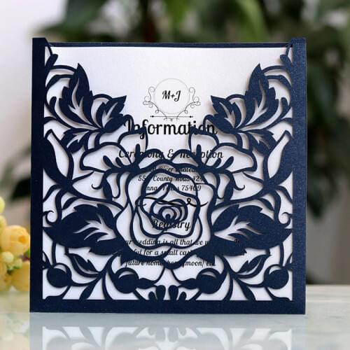 50pcs Laser Cut Elegant Lace Pocket Wedding Invitations Card Square Rose Flower Customize Greeting Card Wedding Party Decoration