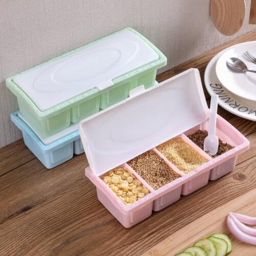 Flavor Box Multifunctional Plastic Salt Monosodium Glutamate Seasoning Box Kitchen Partition with Spoon with Lid Seasoning Jar