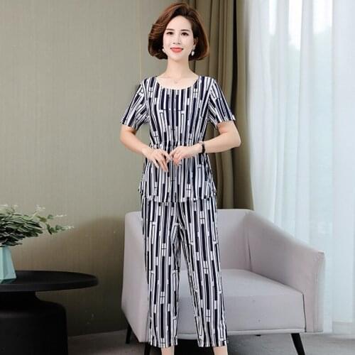 Summer Women Two Piece Sets Striped Short Sleeve Loose Women Tops Short Sleeve T-shirts and Ankle-Length Pants