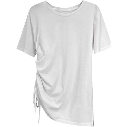 Top Fashionable Solid Color Shirring T-shirt Blouse Loose Top O Neck for Daily Wear