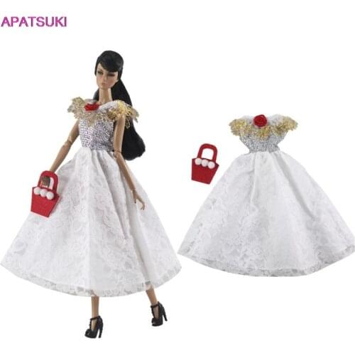 White Gold Party Dress For Barbie Doll Outfits Clothes Purse Princess Gown For Barbie Dollhouse Kids Toys 1:6 Doll Accessories