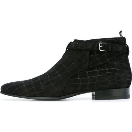 New Business Man Cowhide Real Leather Luxury Chelsea Boots Office Work Safety Shoes Buckle Plaid Printed Pointed Toe Ankle Boots