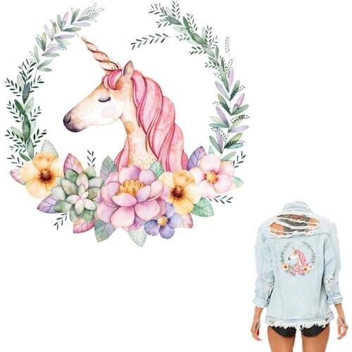 COSBILL Iron-On Transfers Stickers Cute Unicorn Patches New Design 22*22 cm Flower Animals Applique For Clothes Accessrory Y-043