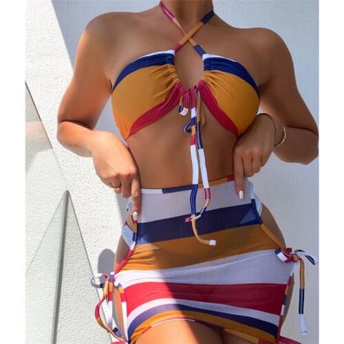Sexy Cover Up Beachwear Swimwear Women 3 Pieces Bandeau Bikini Set 2021 Summer Patchwork Drawstring Swimsuit Female Biquini New