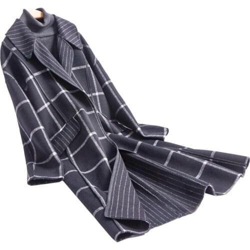 Double face wool flannel women patchwork striped plaid long slim overcoat suits collar EU/S-M retail wholesale