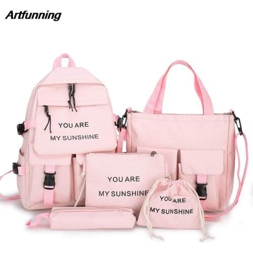 Artfunning School bags for Teenage Girls Women Backpack Canvas Travel Back pack Student notebook Bookbags Schoolbags 5Pcs Set