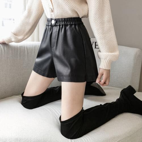 Shorts Women PU Leather Suit Shorts Women Autumn And Winter Loose High Waist A- Line Elastic Waist Pants Ropa Mujer