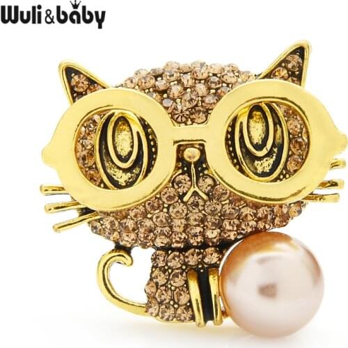Wuli&baby Big Head Cat Wearing Glasses With Simulated-pearl Brooches Pins For Women New Year Gift