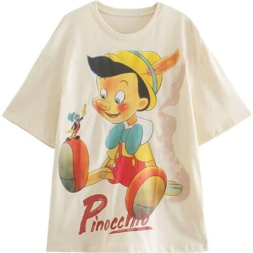 Disney Cartoon Pinocchio Shirts for Women Print Round Neck Short-sleeved Women Fashion Clothing Graphic T-Shirts Harajuku Kawaii