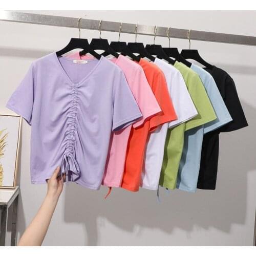 Oversize V-neck Solid Short-sleeved T-shirt Womens 2021 Summer New Slim Fashion High-waist Drawstring Short T-shirt Female Tops