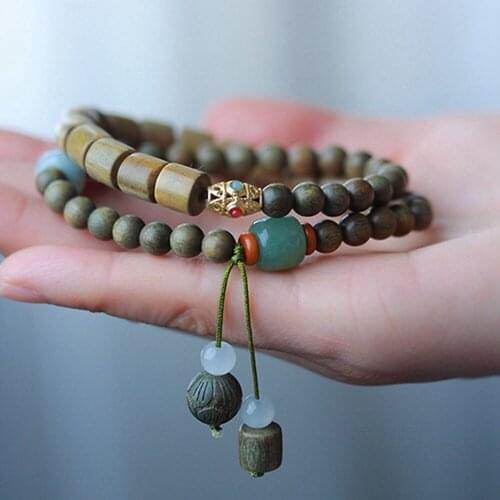 Natural Green Sandalwood Women Bracelets Two laps Tibetan Buddhism Prayer Mala Bracelet Wood Jewelry
