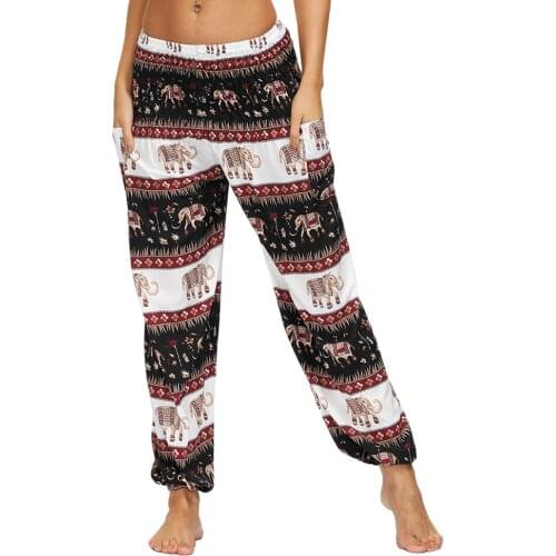 Womens Smocked Waist Boho Harem Pants 2 POCKETS Hippie Bohemia Yoga Pants Loose Beach Trousers