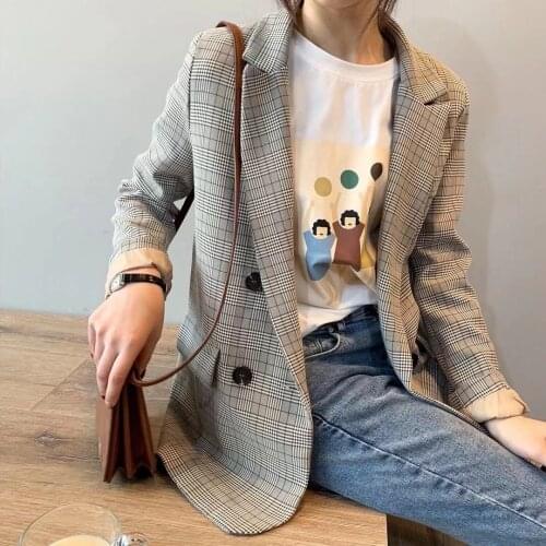 Fashion Spring Autumn Vintage Loose Double Breasted Women Plaid Blazer Notched Collar Long Sleeve Female Suit Jacket Outwear