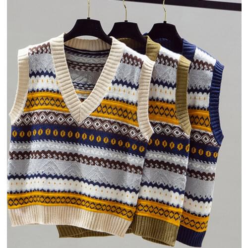 Fall Winter 2021 Womens Fashion Sleeveless V Neck Knitted Sweater Vest Korean Style Loose Y2k Crop Top Female Pullover Jumper