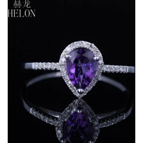 HELON 925 Sterling Silver 7X5MM Pear Genuine Natural Amethyst & Diamonds Engagement Wedding Ring Women Trendy Fine Jewelry Ring