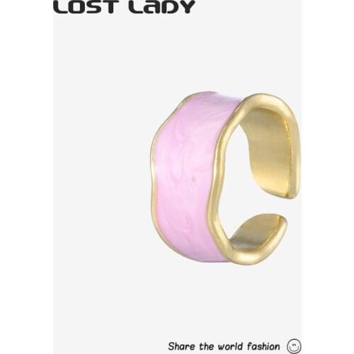 Lost Lady Women Epoxy Drop Oil Open Ring Adjustable Elegant Temperament Accessories Party Jewelry Summer Gold Color Alloy Ring