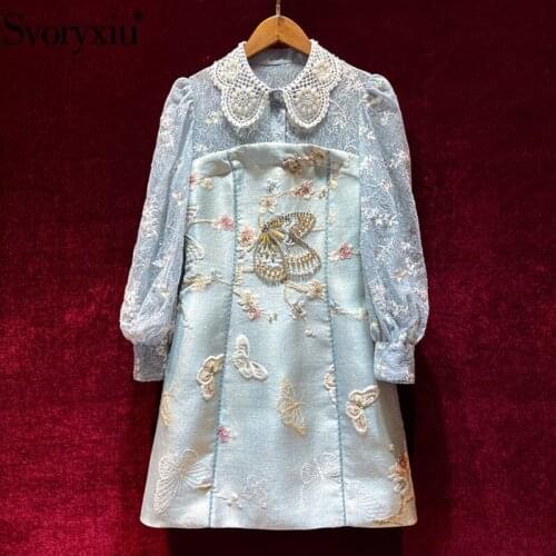 Svoryxiu 2021 Autumn Designer Elegance Short Dress Womens Lace Embroidery Lantern Sleeve Diamond Butterfly Jacquard Dresses