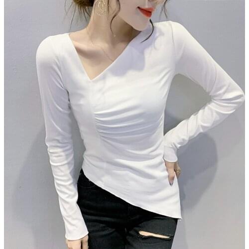 #8519 Black White Short T Shirt Women V Neck Sexy Asymmetrical T-shirt Female Long Sleeves Skinny Cotton Streetwear Tee Autumn