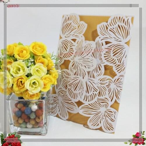 White pink 10Pcs/lot Romantic Laser Cut Flowers Invitation Card Glitter Paper Wedding Invitation Cards Wedding Party Supplies 5Z