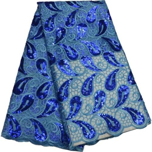 Free shiping (5yards/pc) beautiful skyblue African French net lace fabric with lots of royal blue sequins for party dress FLP802