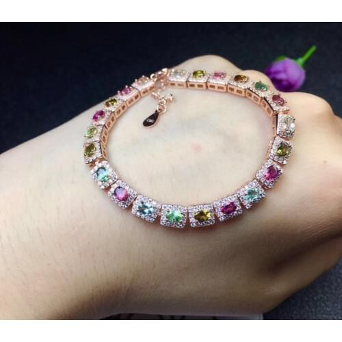 Natural multicolor tourmaline gem Bracelet Natural gemstone bracelet S925 silver fashion square pincushion women party jewelry