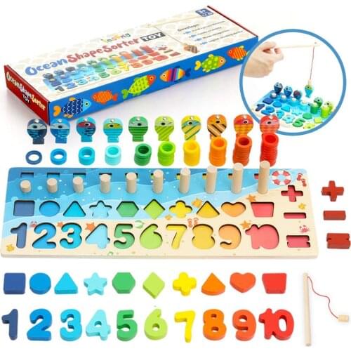 Montessori Math Wooden Toys For kids Board Count Numbers Matching Digital Shape Board Math Fishing Match Early Education Toy