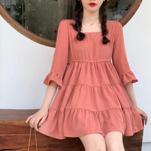 Gagarich Cute Dresses Woman 2021 College Style French Vintage Solid Sweet Girls Gentle Square Collar Ruffle Stitching Cake Dress
