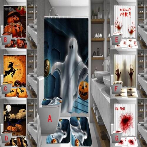 Halloween Shower Curtains Scary Night Pumpkin Ghost Witch Bathroom Set Pedestal Rug Lid Toilet Cover Mat Bath Carpet Sets