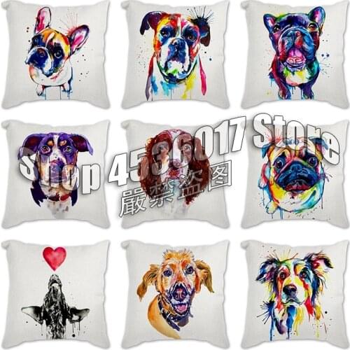 Cotton Linen Cushion Cover Watercolor Dog Pillow Case Home Decorative Pillows Cover for Sofa Car Pillowcase fall pillow case