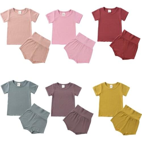 Summer Kids Baby Girls Boys Pajamas Outfit Suit Cotton Clothes Set Toddler Baby Solid Casual Short Sleeve Tops+Short Pants