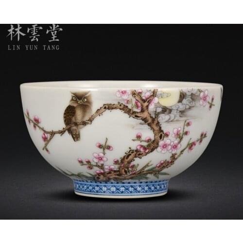 Lin Yuntang hand-painted owl peach powder enamel master cup single cup jingdezhen ceramics by hand kung fu tea cups