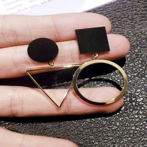 Milangirl Unique Cute Geometric Triangle Round Square Stud Earrings for Women Black Golden Metal Earrings Stylish Jewelry