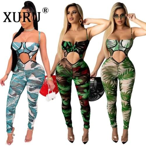 XURU European and American New Digital Printing Jumpsuit Sexy Hollow Suspender Jumpsuit Womens Clothing