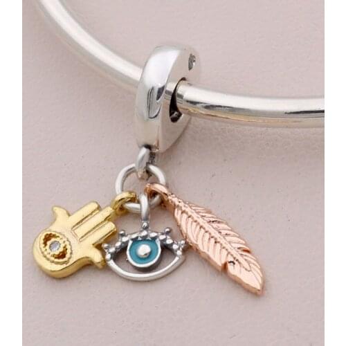 Original Hamsa All-seeing Eye & Feather Spirituality Pendant Beads Fit 925 Sterling Silver Charm Bracelet Diy Jewelry