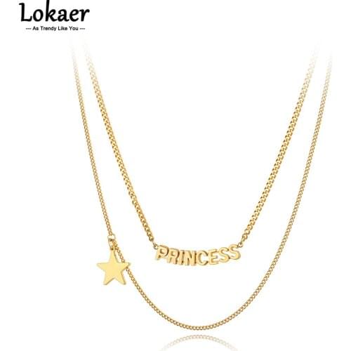 Lokaer Goth Stainless Steel Prinoess Charm Pendant Necklaces Bohemia Double Layer Star Choker Necklace For Women Girls N21132