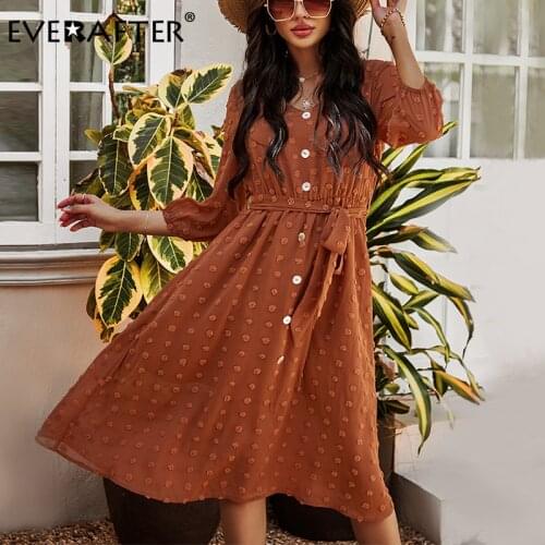 EVERAFTER Boho Spring Embroidery Midi Dress Women High Waist V-Neck Button A-line Dress Sashes Holiday Elegant Dresses Female