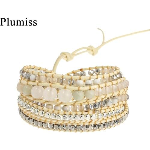 Plumiss Multi Size Natural Stone Wrap Bracelet for Women White Jades Crystal Geometric Copper Beads Boho Bracelets Femme Jewelry
