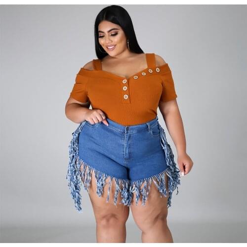 Plus Size L-4XL Casual Ripped Women Jeans Short Pants Tassel Solid Color Streetwear Outfit For Women