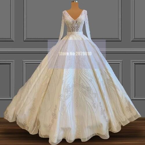 African Luxury V-Neck Wedding Dress Ball Gown Floor-Length Crystal Beaded Sequined Vintage Wedding Gown Bridal Gowns 2020 Dubai