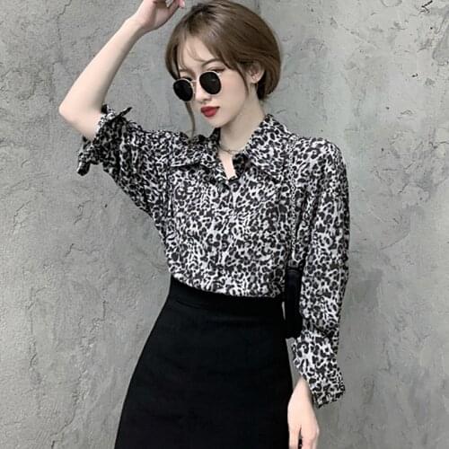 Vintage Leopard Print Women Shirts Elegant Women Blouses Spring Autumn Fashion Button Up Long-sleeved Shirt