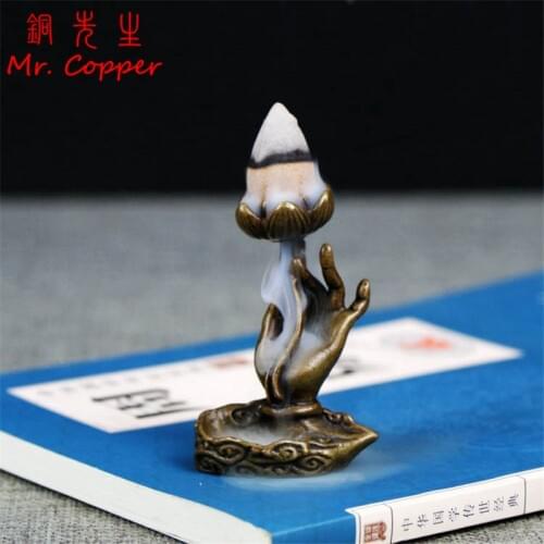 Antique Bronze Buddha Hand Lotus Statue Tea Table Decoration Backflow Sandalwood Incense Burner Temple Home Room Decor Ornaments