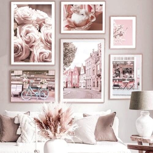 Pink Rose Peach Blossom Retro Tram Bike Girl Flower Wall Art Canvas Painting Posters And Prints Living Room Nordic Style Decor