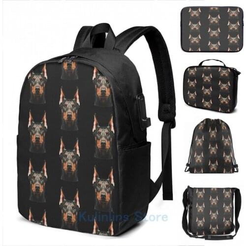 Funny Graphic print Doberman low poly USB Charge Backpack men School bags Women bag Travel laptop bag