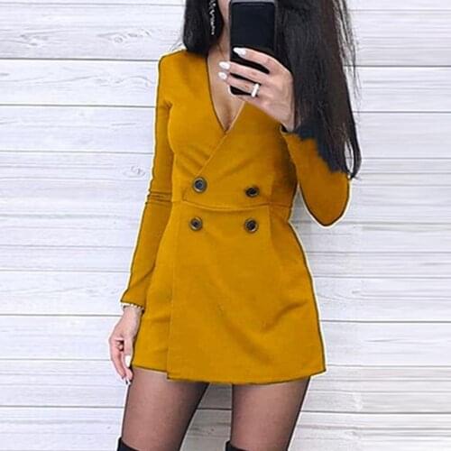 Women Dresses Lady Dresses Chic Women Solid Color Long Sleeve V Neck Double-breasted Dress Short Jumpsuit