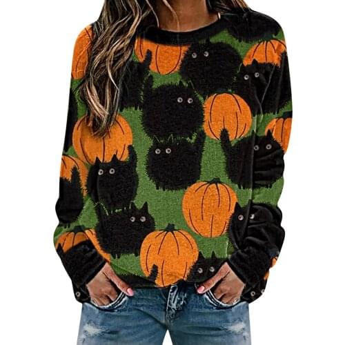 2021 Womens Halloween Print Tops Long-sleeved Sweatshirt Casual Blouse Pullover Comfy Loose Daily Sweatshirt Fast Free Shipping