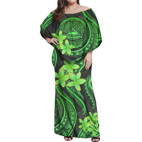 Hycool Plus Size Long bodycon wedding Dresses Women wholesale custom green samoa tribal print casual Off Shoulder Maxi Dress wit