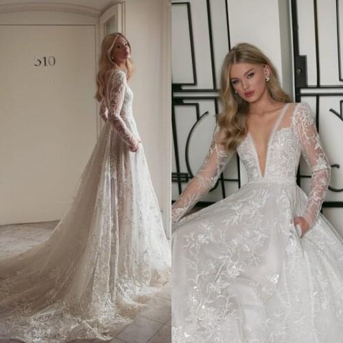 Stunning Boho Wedding Dresses Long Sleeve A Line Sequins Lace Beach Wedding Gowns V Neck Custom Made Bridal Vestidos De Novia