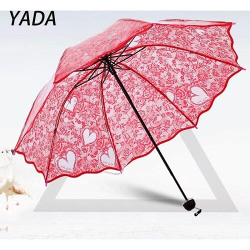 YADA Transparent Clear Umbrella Three Folding Windproof And Rainproof Umbrellas For Women Transparent Lace Parapluie YD210027