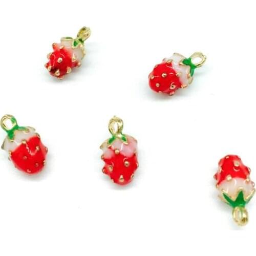 10pcs 7*14mm Fashion DIY enamel gold 3D strawberry charms for bracelet metal alloy golden fruit pendants dangle jewelry XL569